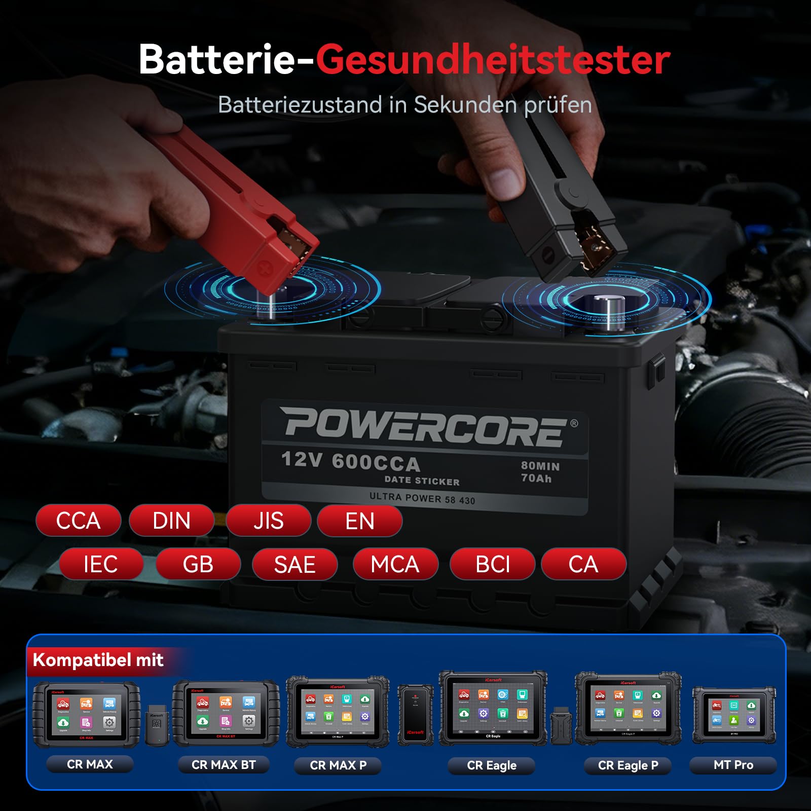 iCarsoft BT900 Autobatterietester, 12V/24V Batterie Lasttester für CCA, AGM, Gel, EFB, BT-Verbindung, mit Batterietest/Anlassertest/Ladungstest für Auto, Motorrad, ATV, SUV, Boot, Yacht