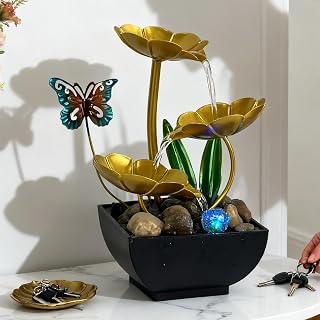 AOZITA Tabletop Fountain, Indoor Waterfall Fountain, Small Home Décor Zen Relaxation Soothing Sound Machine for Office, Living Room, or Bedroom, Gold Metal Lotus with Butterfly, River Rocks, LED