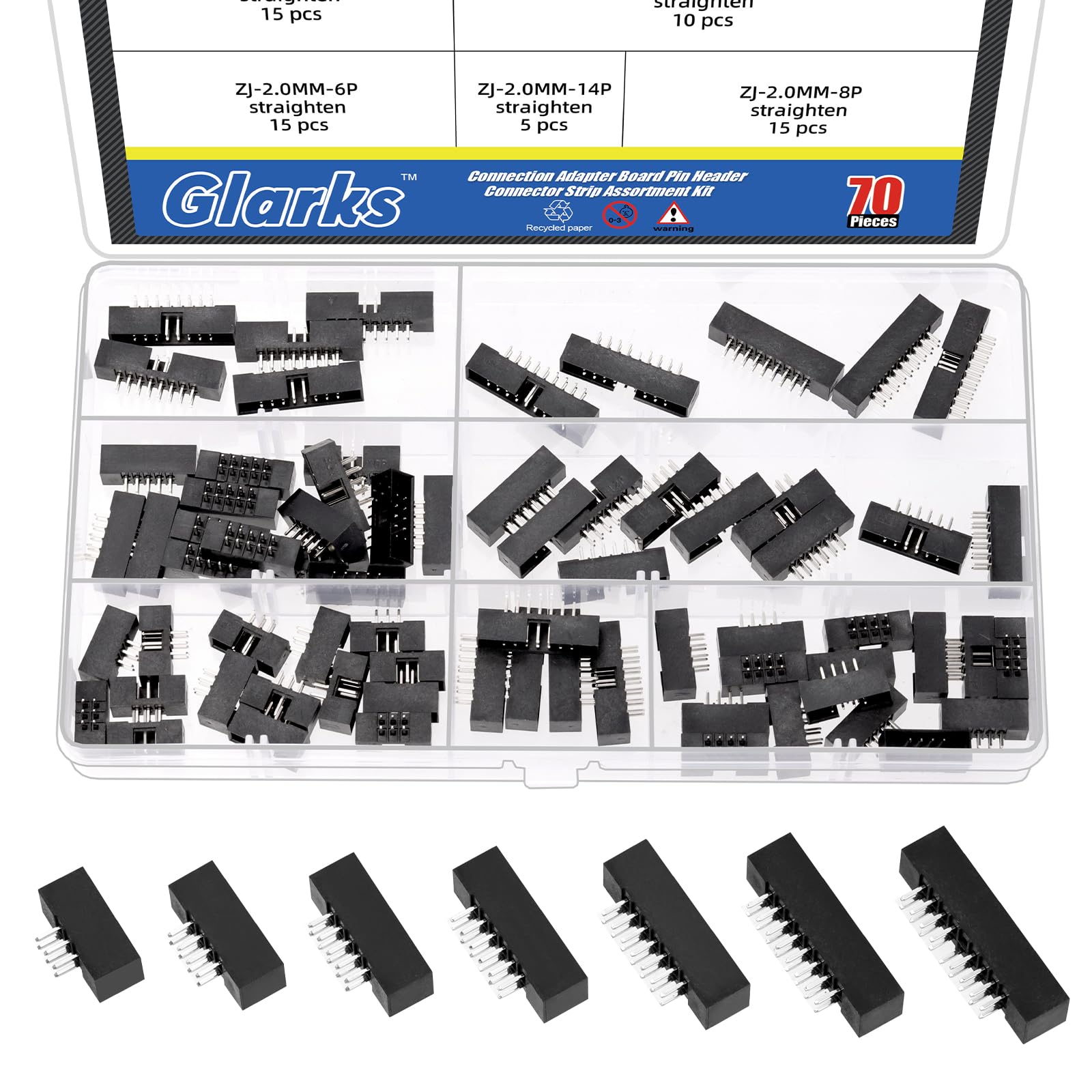 Glarks 70 piezas de 6/8/10/12/14/16/18 pines de 2 mm de paso de doble fila recta, conector de enchufe IDC, cabezales de caja IDC, cabezales de caja de doble pin para proyectos de equipos electrónicos