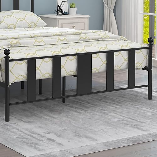 Miniatura 4 de Base de cama de metal tamaño Queen con cabecero y estribo de estilo vintage victoriano, base de cama no necesita somier, cama de plataforma con 10