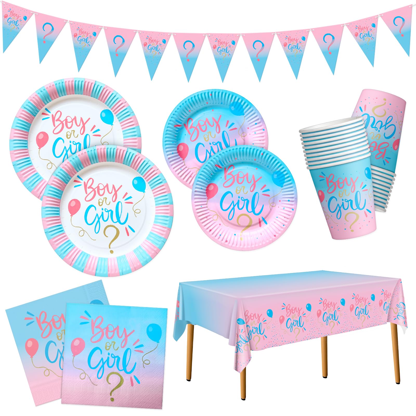 HNH Gender Reveal Party Paper Plates Napkins Cups Set Disposable Party Tablecloth for Boy or Girl? Baby Shower, Welcome Baby Dinnerware — image 1