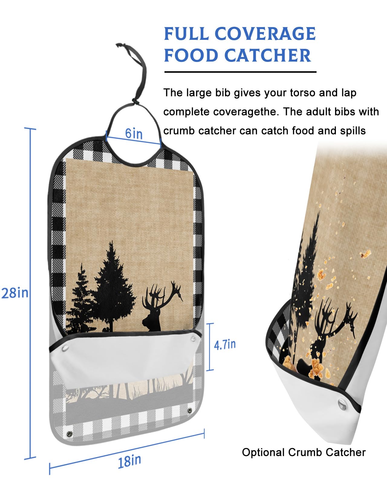 Christmas Elk Adult Bibs for Eating, Waterproof Bibs with Food Catcher & Adjustable Snap Closure, Xmas Tree White Black Buffalo Plaid Washable Clothing Protectors Adult Bibs for Elderly Women/Men
