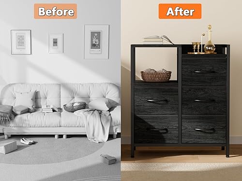 Miniatura 4 de Furnulem Cómoda para dormitorio con 5 cajones de tela, unidad organizadora de pecho pequeña con estante de almacenamiento de 2 niveles para mesita