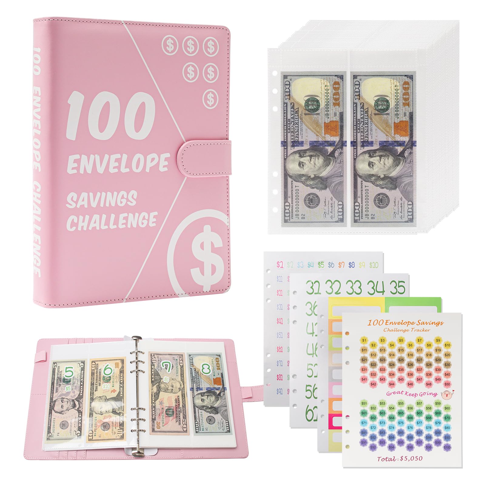 UNIWA 100 Envelopes Challenge Binder, Money Saving Challenge Book - Easy & Fun Way to Save $5,050, Budget Binder with Cash Envelopes for Budgeting Planner & Saving Money - Pink