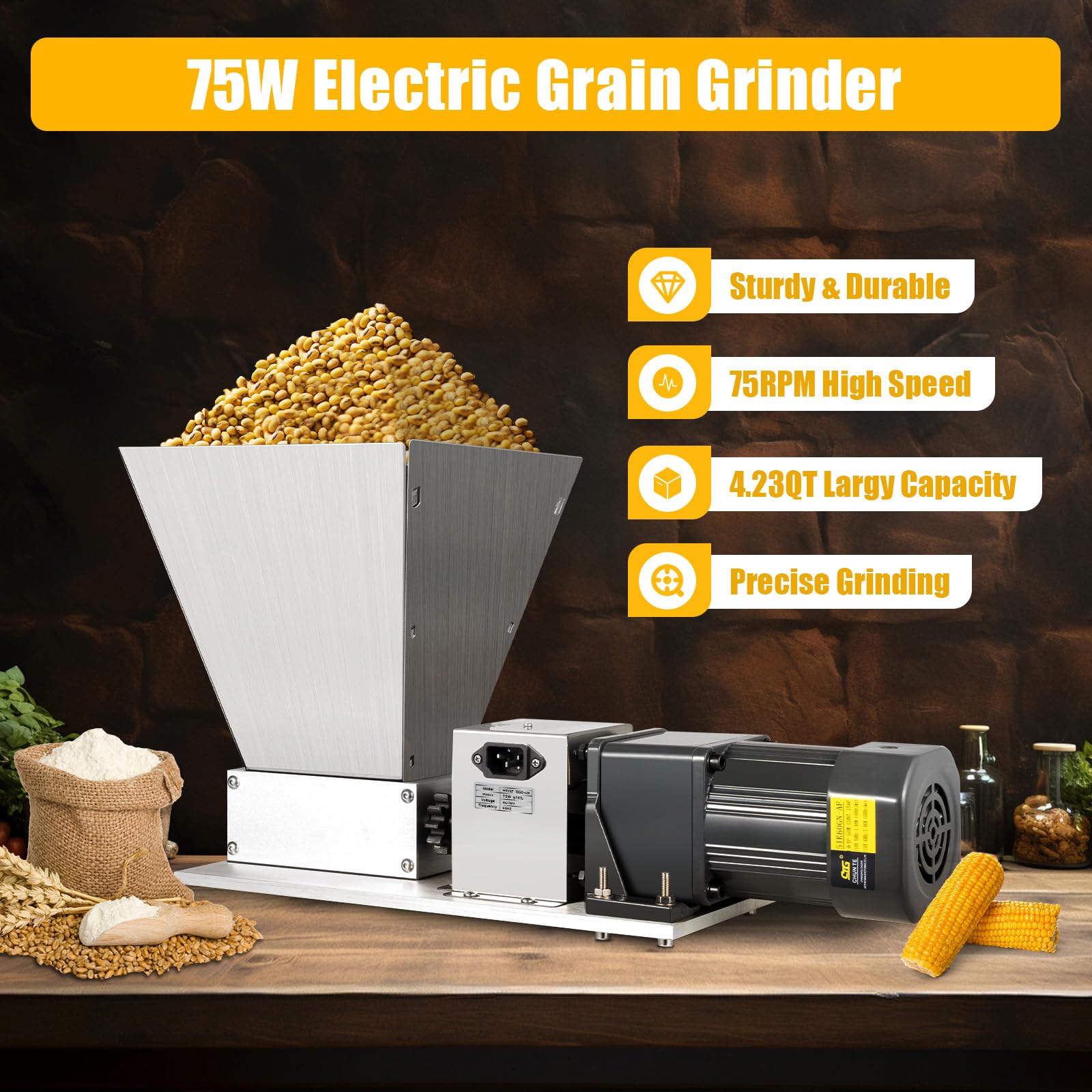 Macinino elettrico per cereali, 4 l, 75 W, in acciaio inox