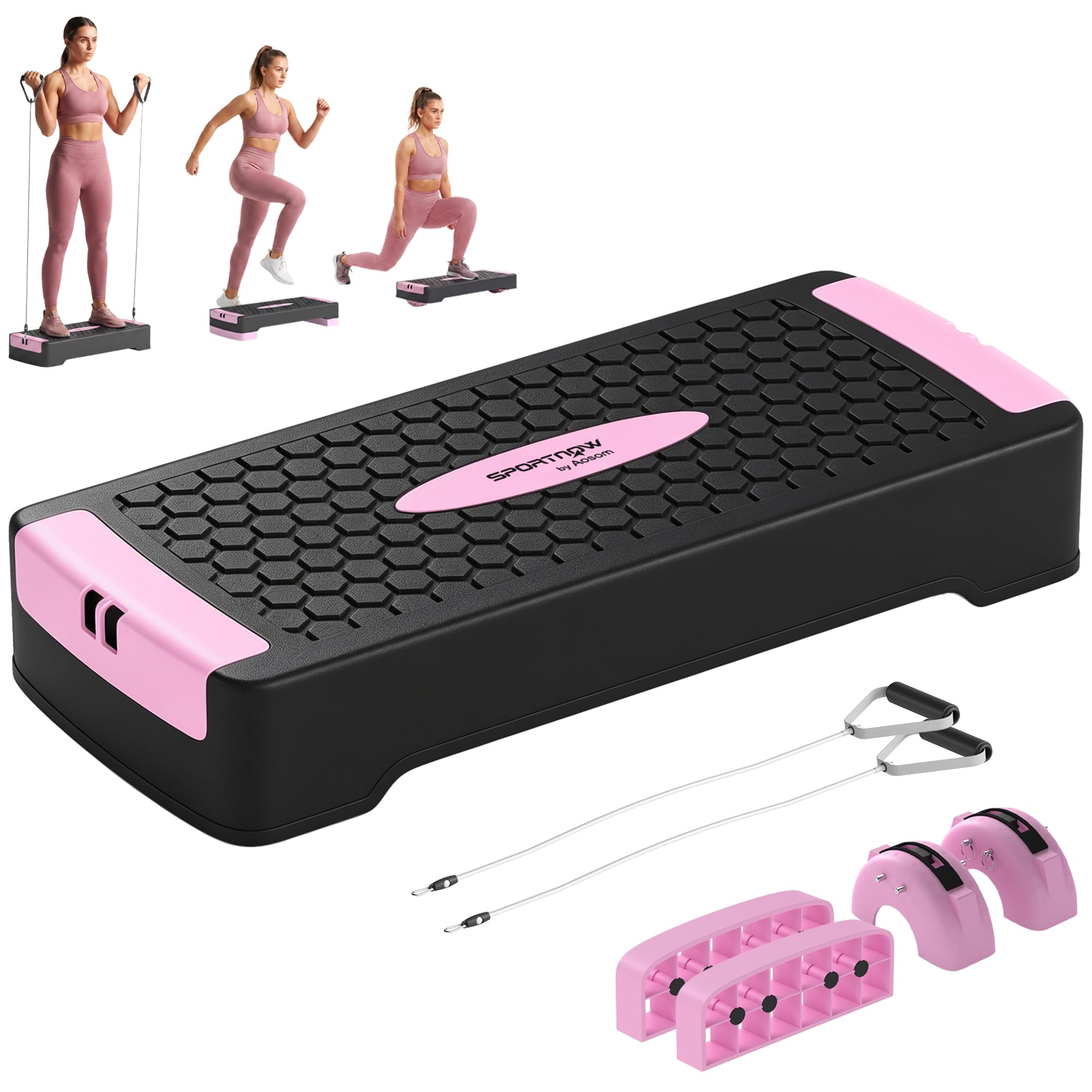 SPORTNOW Step z regulacją wysokości Fitness 2 stopnie (11/16 cm) różowy | Stepper aerobowy, 2 taśmy oporowe, mata antypoślizgowa, antypoślizgowa ławka do kroku, do domu, studia fitness, biura
