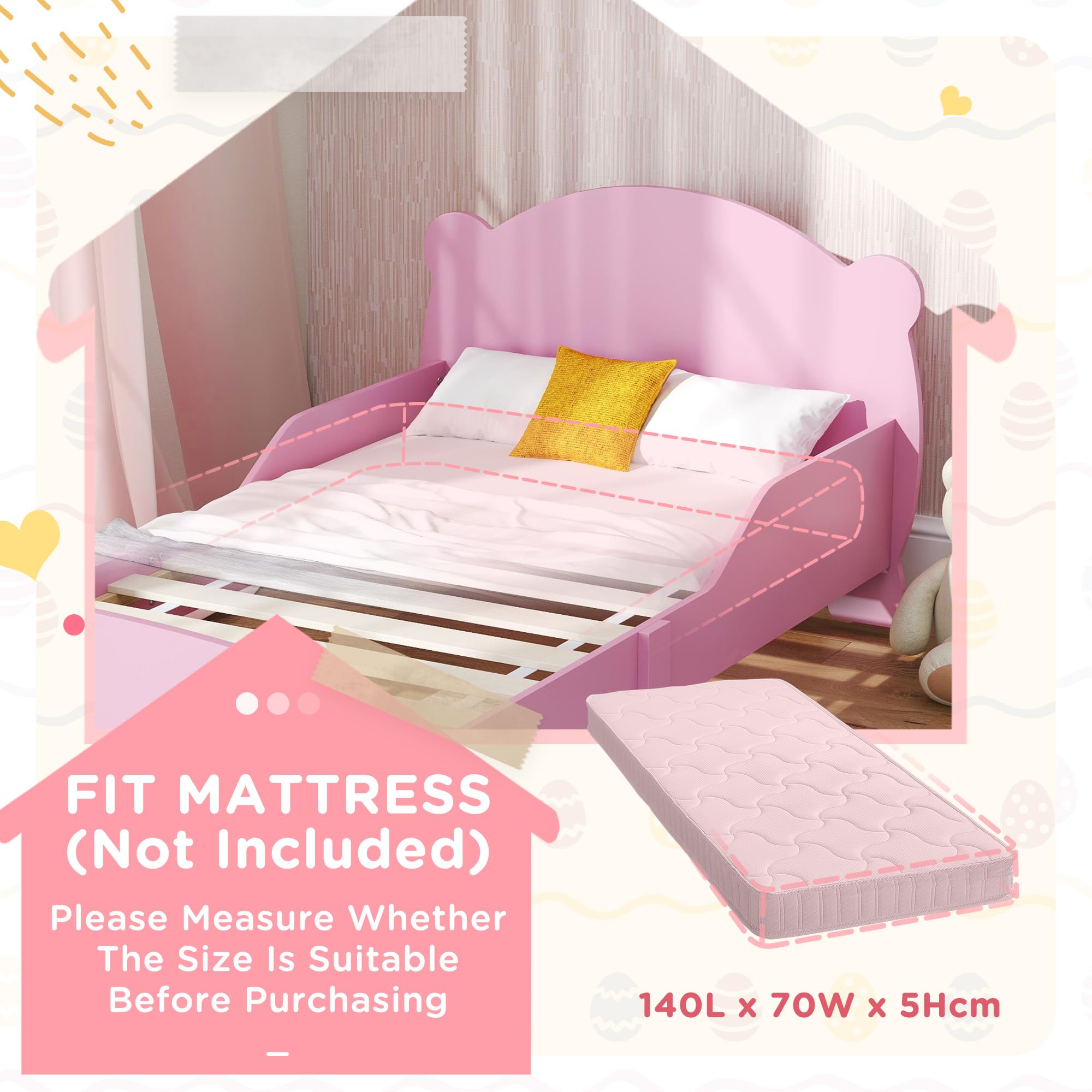 AIYAPLAY Cama Infantil Montessori para Niños de 3 a 6 Años, Cama Infantil Individual de 140x70 cm con Laterales Anticaída y Somier de Láminas de Madera en Forma de Oso para Habitación Infantil, Rosa