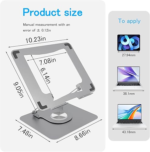 Miniatura 4 de Soporte ajustable para computadora de escritorio, soporte portátil para laptop con base giratoria de 360, elevador ergonómico plegable para laptop,