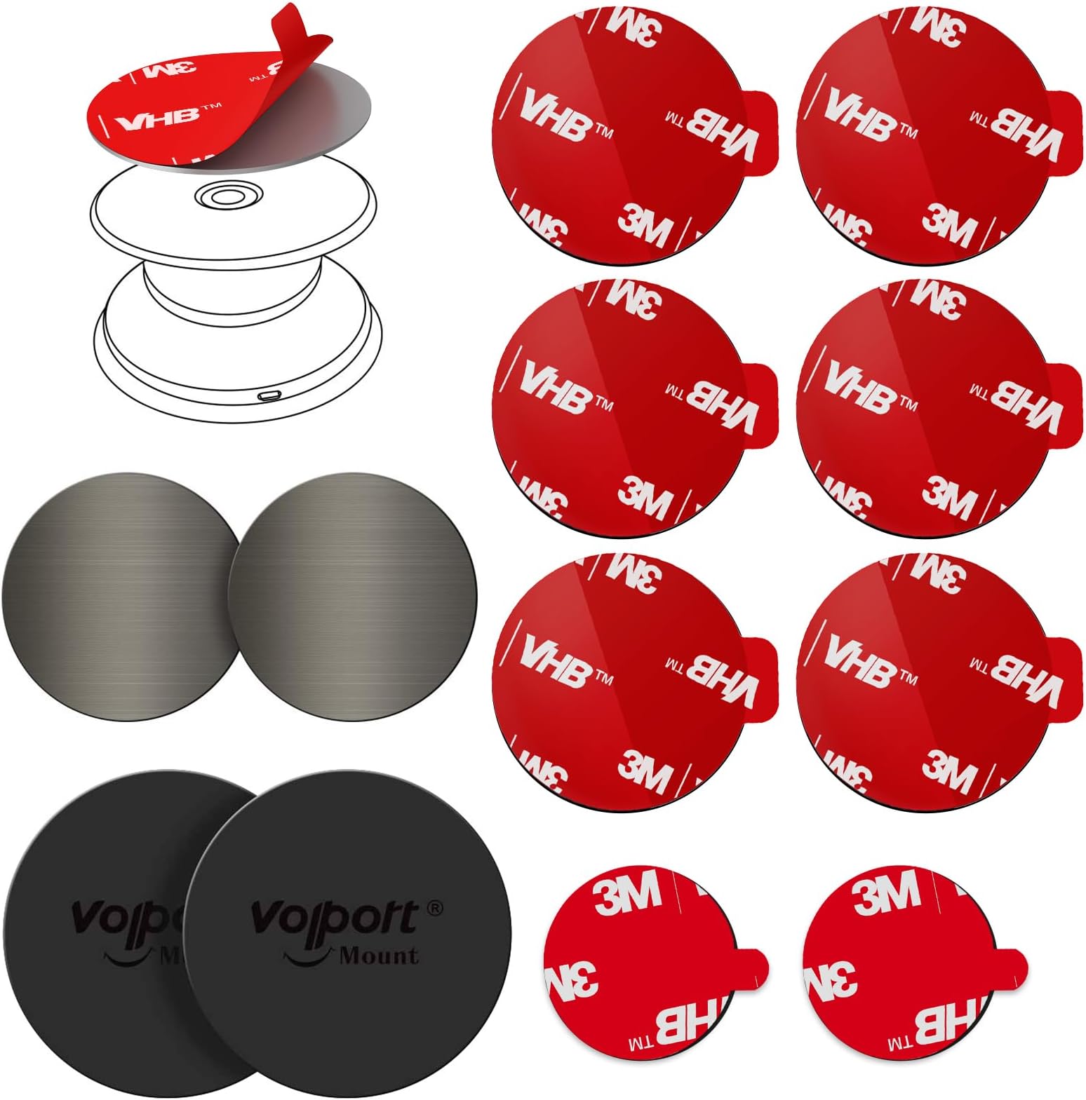 volport Extra Tape Super Sticky Adhesive Replacement and Phone Magnet Sticker Disc for Reusing Grip Stand Socket Base, Circle Double Sided Car Mount Holder Strong Glue Pads Round Magic Metal Plate