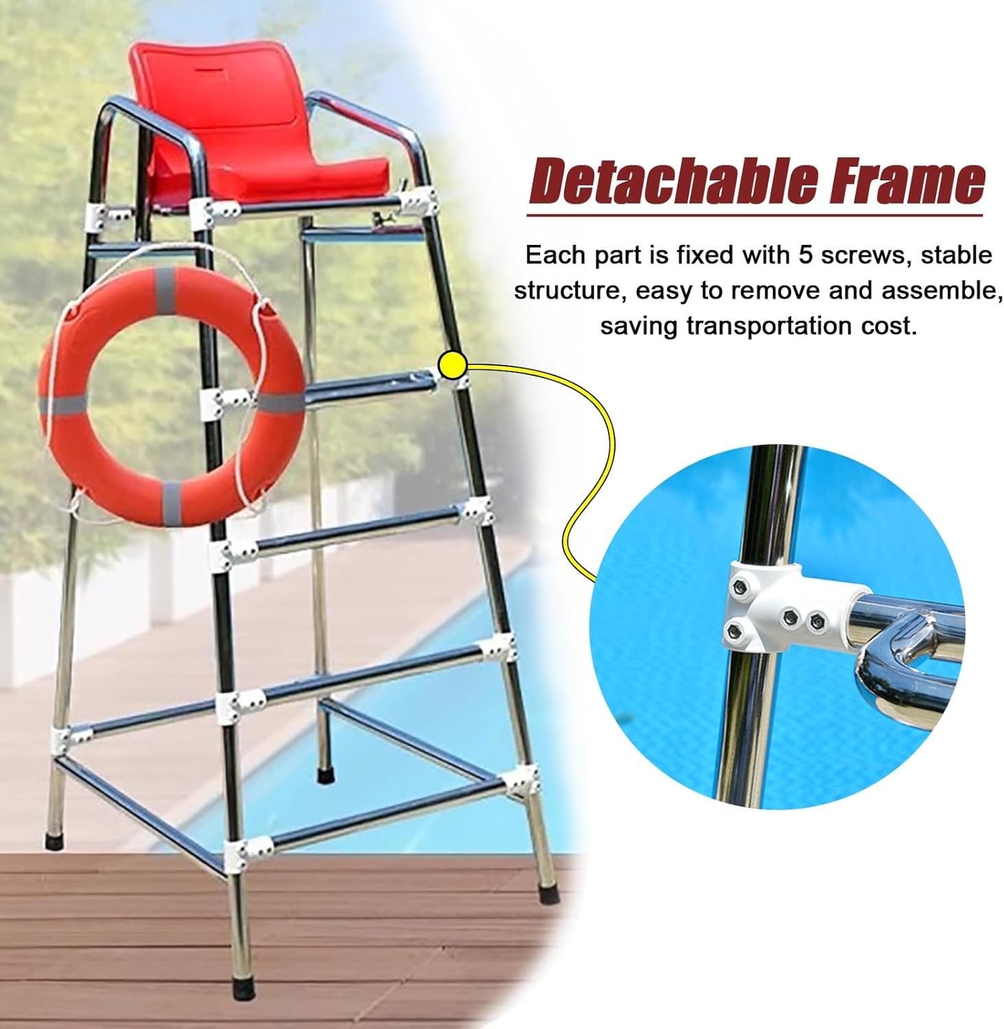 High Lifeguard Chair for Water Park – Freestanding Poolside/Beach Rescue Chair with Detachable Ladder, Commercial Grade 304 Stainless Steel Umpire Chair for Outdoor Safety