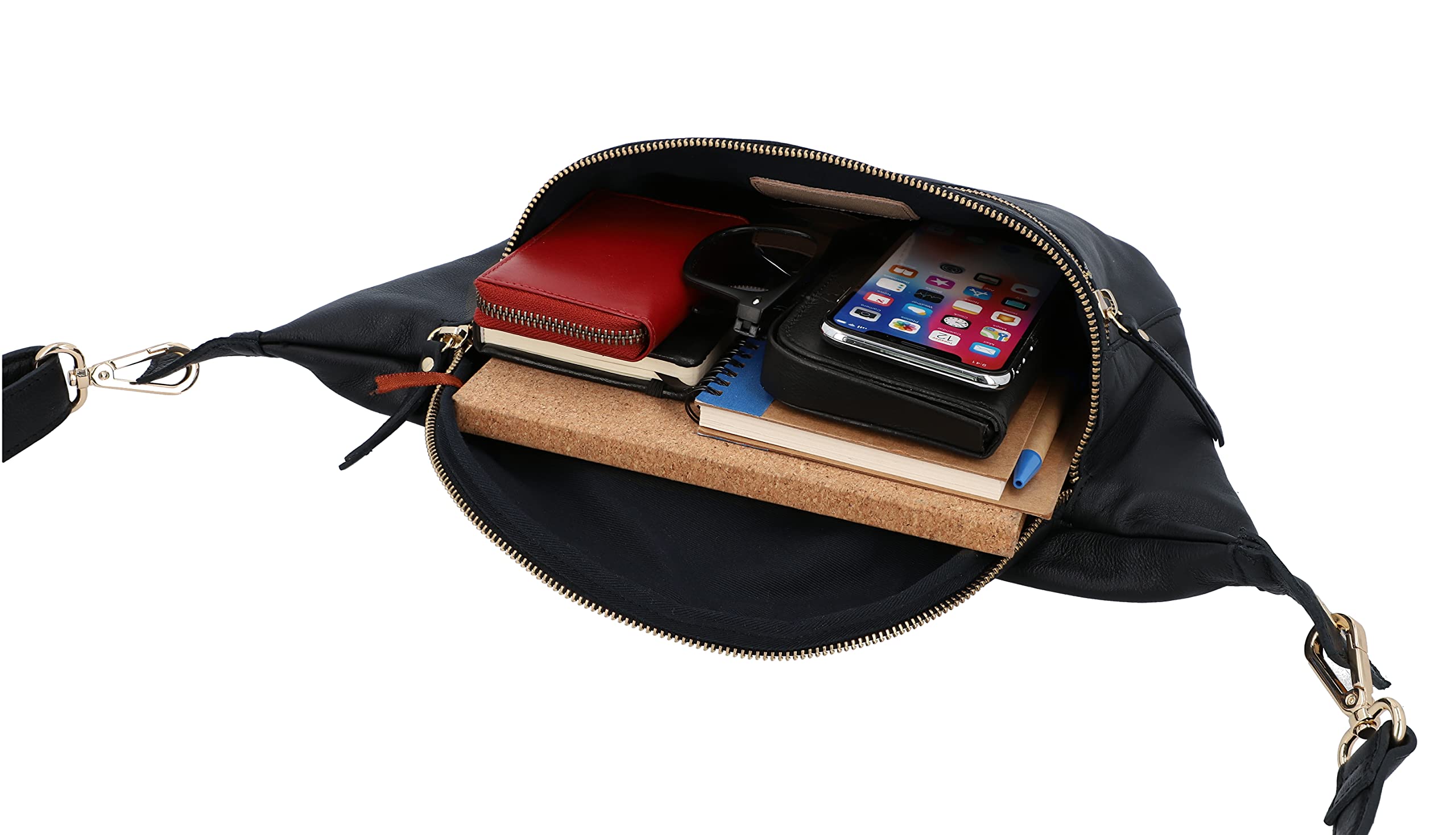 Gusti Leder Bauchtasche Freya - Damen Gürteltasche Schwarz Echtleder Hüfttasche mit Verstellbarem Gürtel - Vintage Festivaltasche für Damen und Herren
