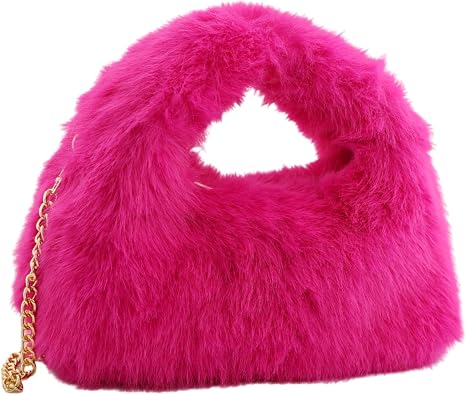 Faux Fur Hobo Handbag Shoulder Bag for Women Trendy Furry Crossbody Purse with Long Chain