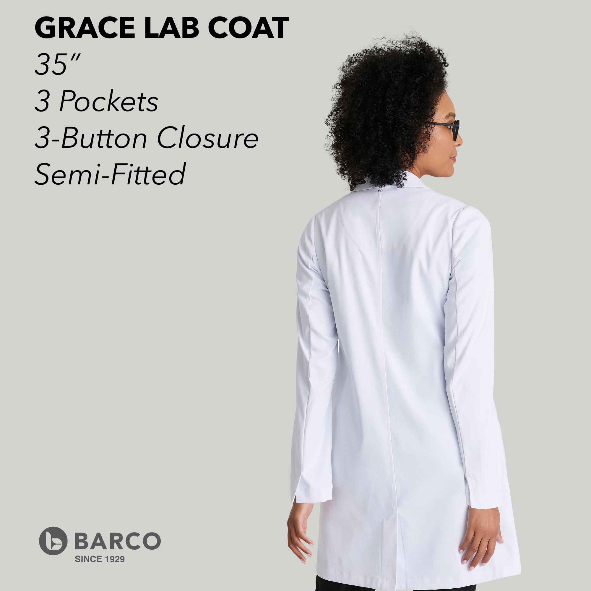 BARCO Grace - Abrigo de laboratorio para mujer, profesional, 3 bolsillos, cierre de 3 botones, manga larga, 35 pulgadas, abrigo de laboratorio para mujer