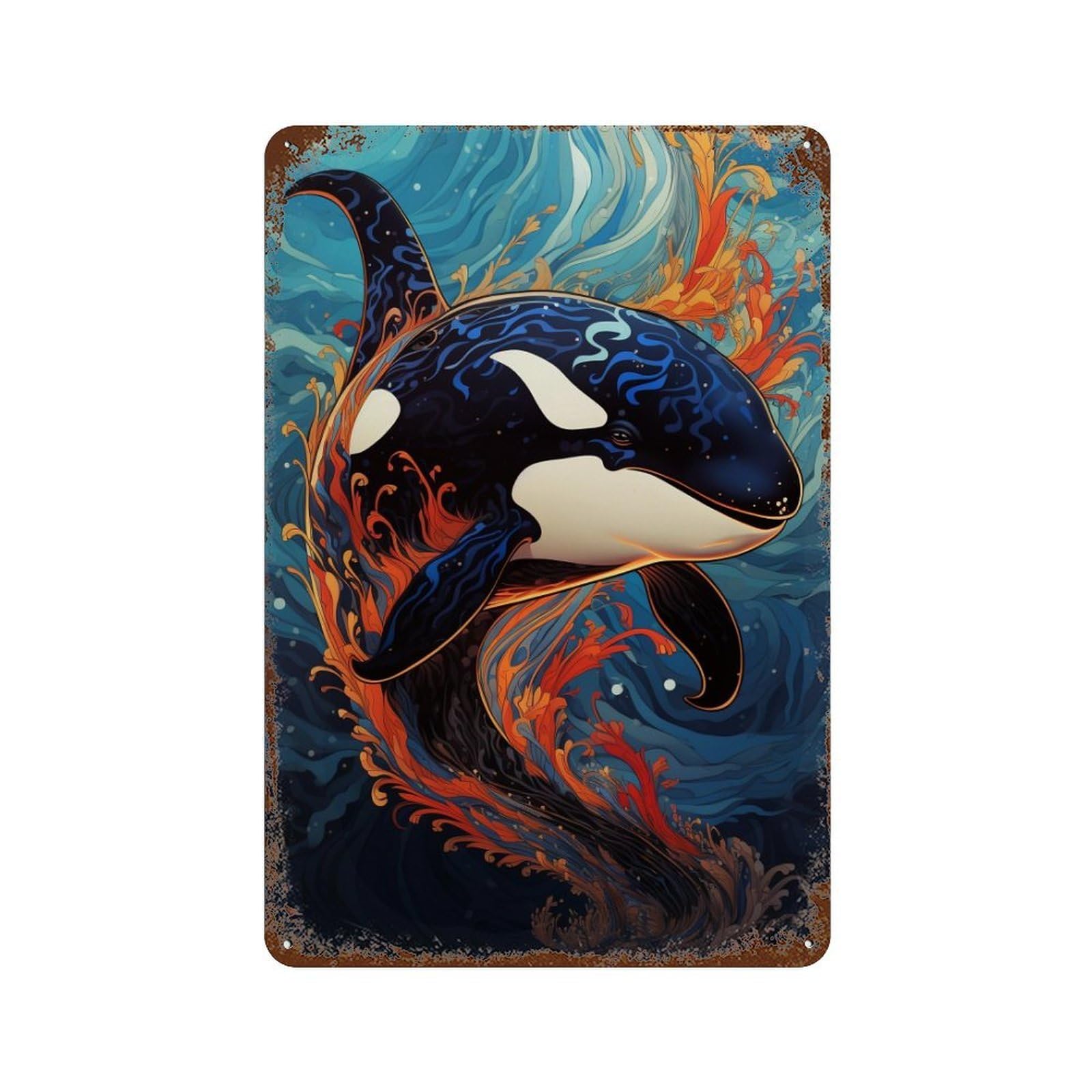 Whale Ocean Artwork Decorative Tin Sign 11.8"x7.9", Vintage Wall Decor for Basement, Hobby Room And Garage Decor