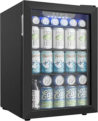 EUHOMY 100 Can Beverage Refrigerator cooler-Mini Fridge Glass Door for Beer Drinks Wines, Freestanding Beverage Fridge with Adjustable Shelves Blue LED for Home/Office/Dorm/Bar, 2.7 cu.ft