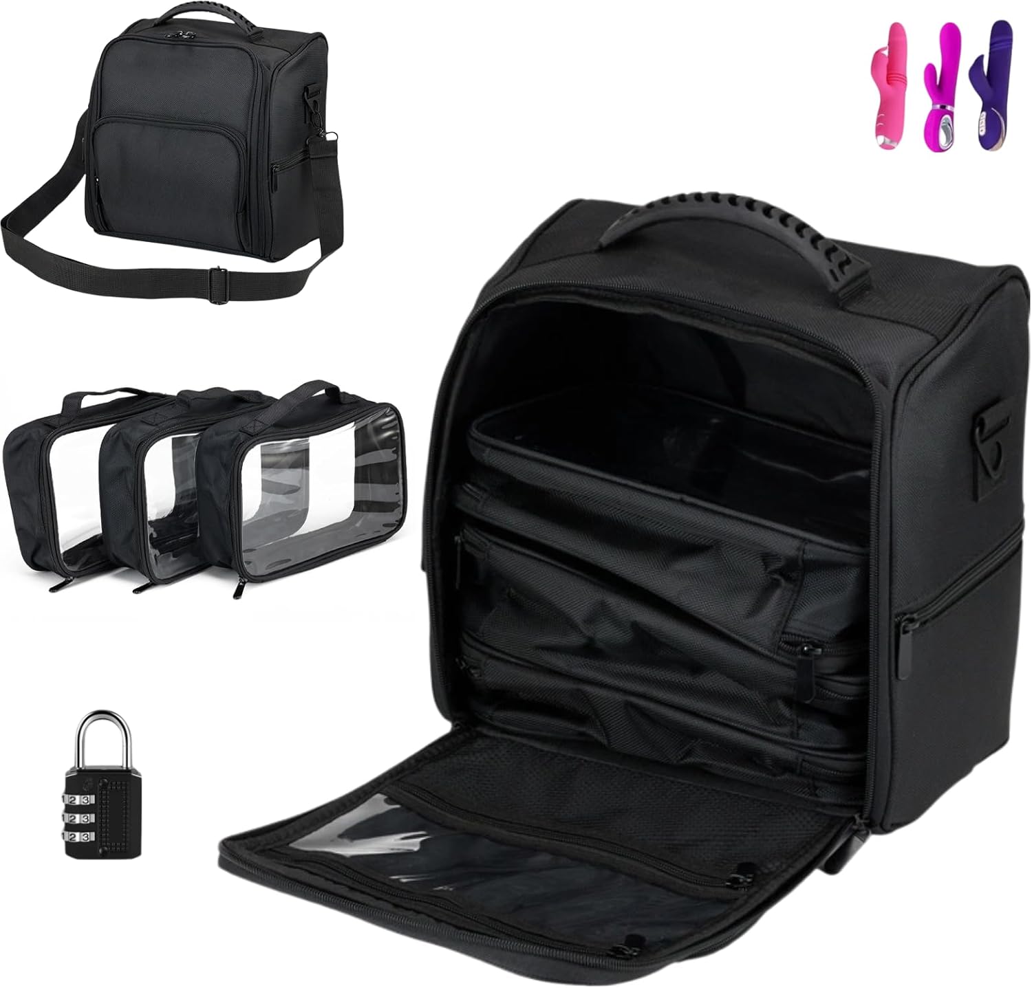 Discreet Storage Bag for Sex Toys, Lockable Sex Toy Storage Bag with 3 Detachable Pouches, Portable Travel Toy Box Organizer for Adult Men and Women