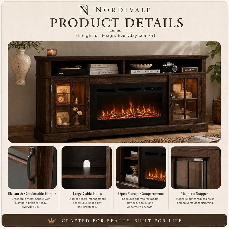70" Fireplace TV Stand, Modern Entertainment Center for TVs Up to 80”, TV Console with Storage Cabinets, Media Console for Living Room, Brown TV Stand and Black Fireplace image 4