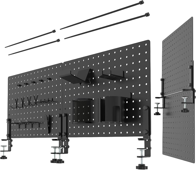 Clamp On Desk Pegboard 32" x 12" with Accessories Black | No Drill Metal Desktop Organizer & Privacy Panel, Vertical Storage Divider for Home Office and Gaming Setup