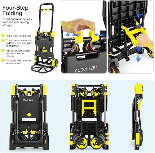 Miniatura 4 de Carretilla de Mano Plegable de 330 Libras para Carga Pesada, Combinación de Cuatro Ruedas y Dos Ruedas, Carrito Convertible con Mango Retráctil,