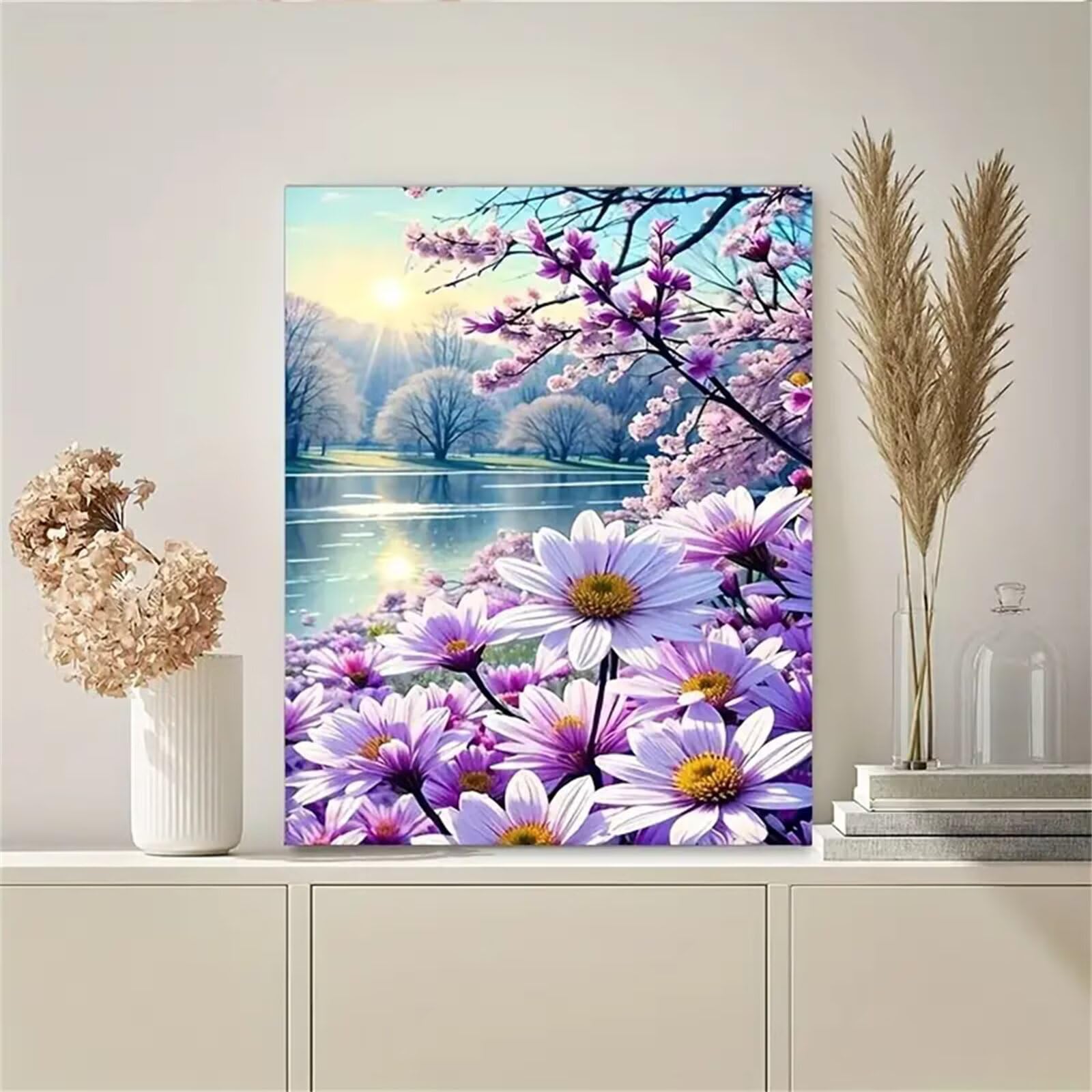Pintar por Numeros para Adultos,con marco Paint by Numbers Kit DIY Cuadros Pintura al óleo de Lienzo con pigmento acrílico y pinceles para Hogar Decor Flores del paisaje de la ribera del río,60x75 cm