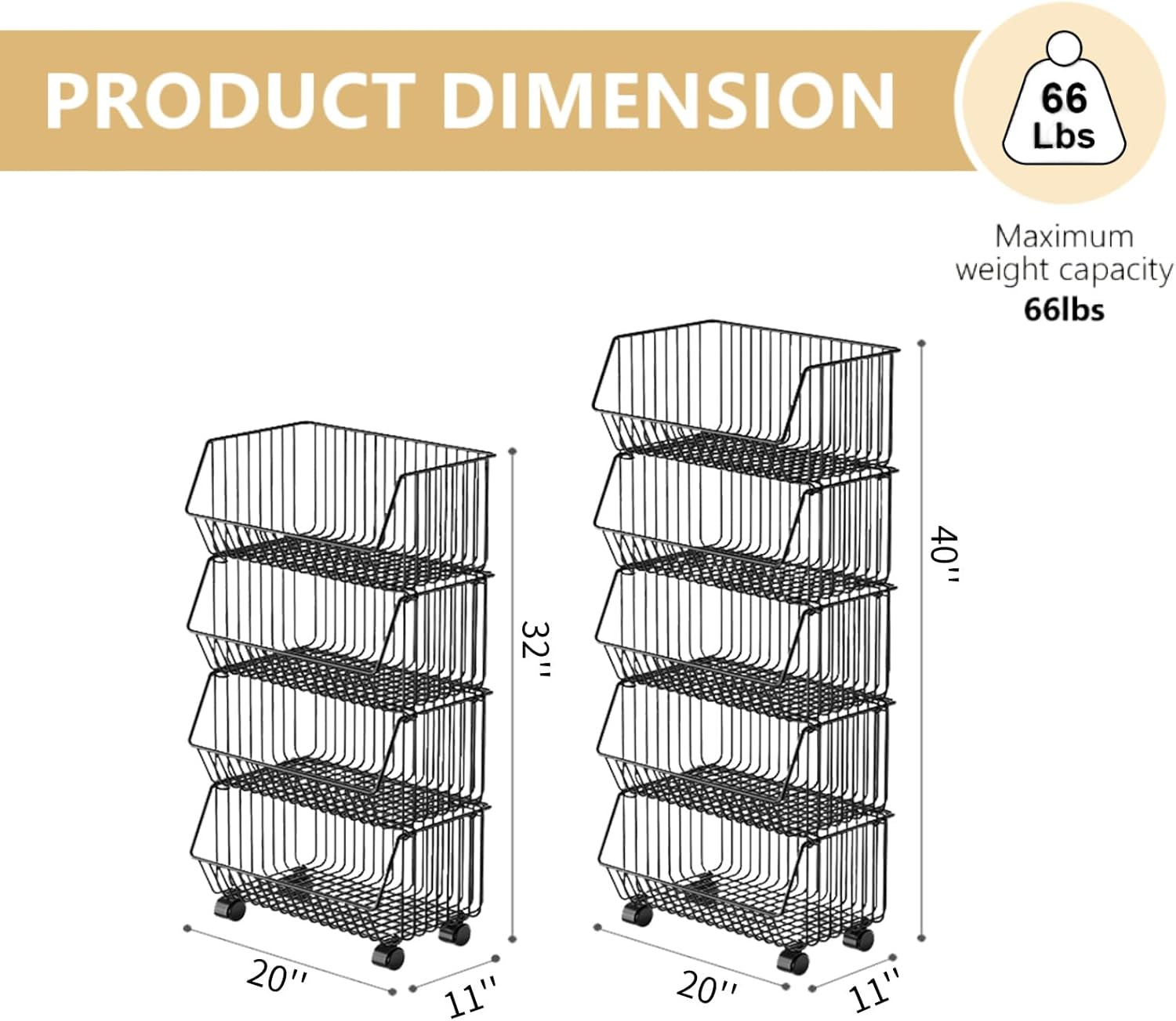 Basket Shelf Wire Shelving Unit, Rolling Storage Cart, Fruit Basket Stand, Kitchen Cart with Wheels for Garage, Living Room, Kitchen, Office Pantry Corner (5 Tier)