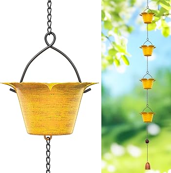 Rain Chains for Outside, Copper Plated Lotus Rain Chain Cups, Adjustable Rain Catcher Chain with Bell for Eaves Drainage, Replacement for Downspout Yellow