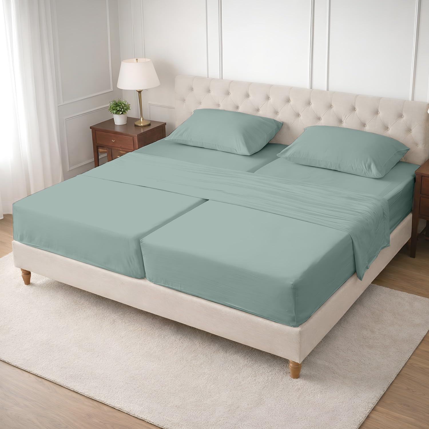 SGI Split King Sheet Set for Adjustable Bed Egyptian Premium Cotton 600 Thread Count Sheets for Sleep Number Bed 15" Deep Pocket 5 Pc Set with 2 Twin XL Fitted Sheets Soft Breathable -Aqua Green