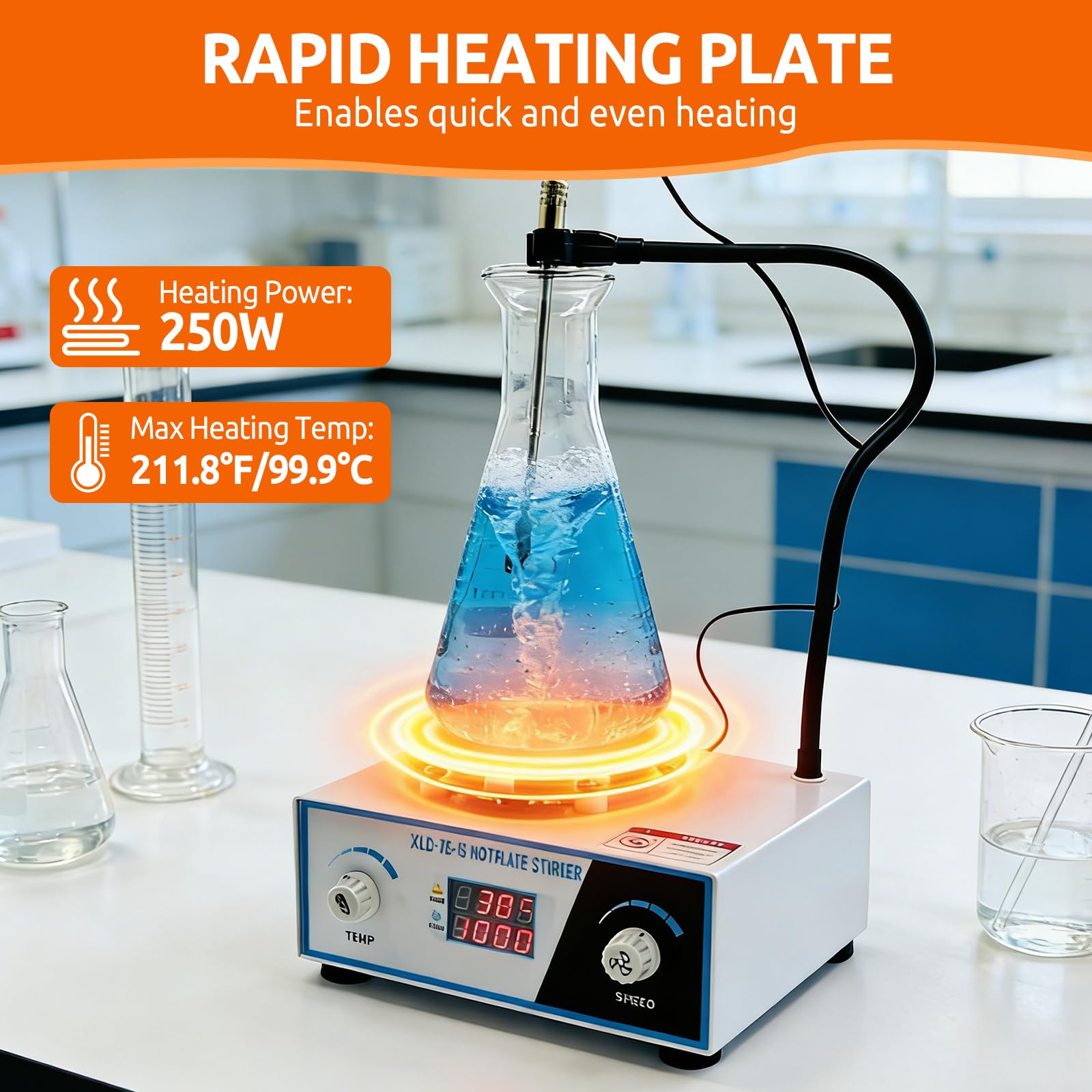 Agitatore Magnetico con Piastra Riscaldante, Display Digitale 700-2600 RPM | Capacità 2L, Mixer da Laboratorio 100℃ 180W, Agitatori da Laboratorio Asta Supporto Sensore Pieghevole, Controllo a Manopole
