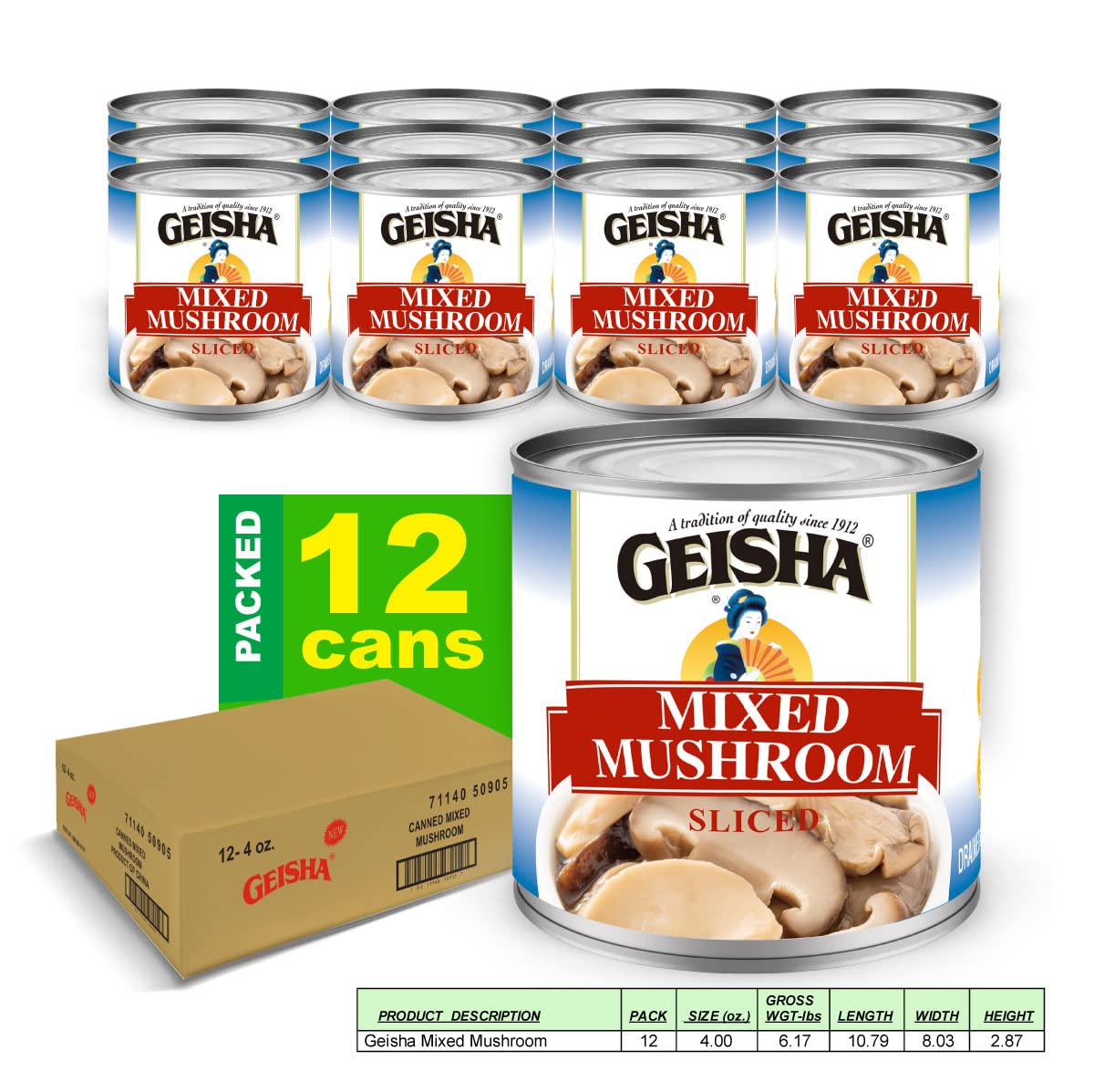 GEISHA Mixed Mushroom Sliced 4OZ. (Pack of 12), Mixed Mushroom| Halal Certified － NON-GMO － Gluten Free－Good Source of Fiber－Only 10 Calories per Container