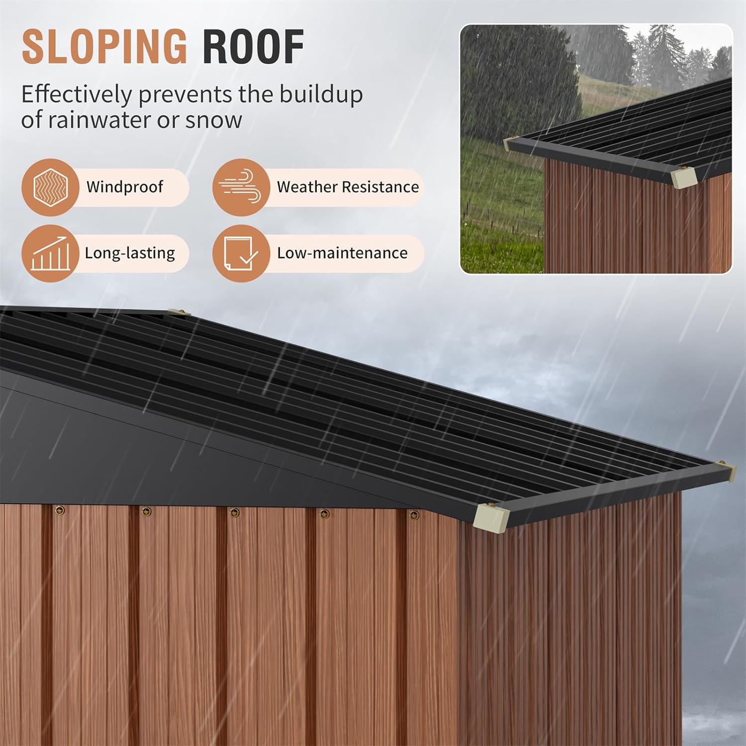 Image showing the sloping roof design of the shed, emphasizing its windproof, weather resistance, long-lasting, and low-maintenance qualities.