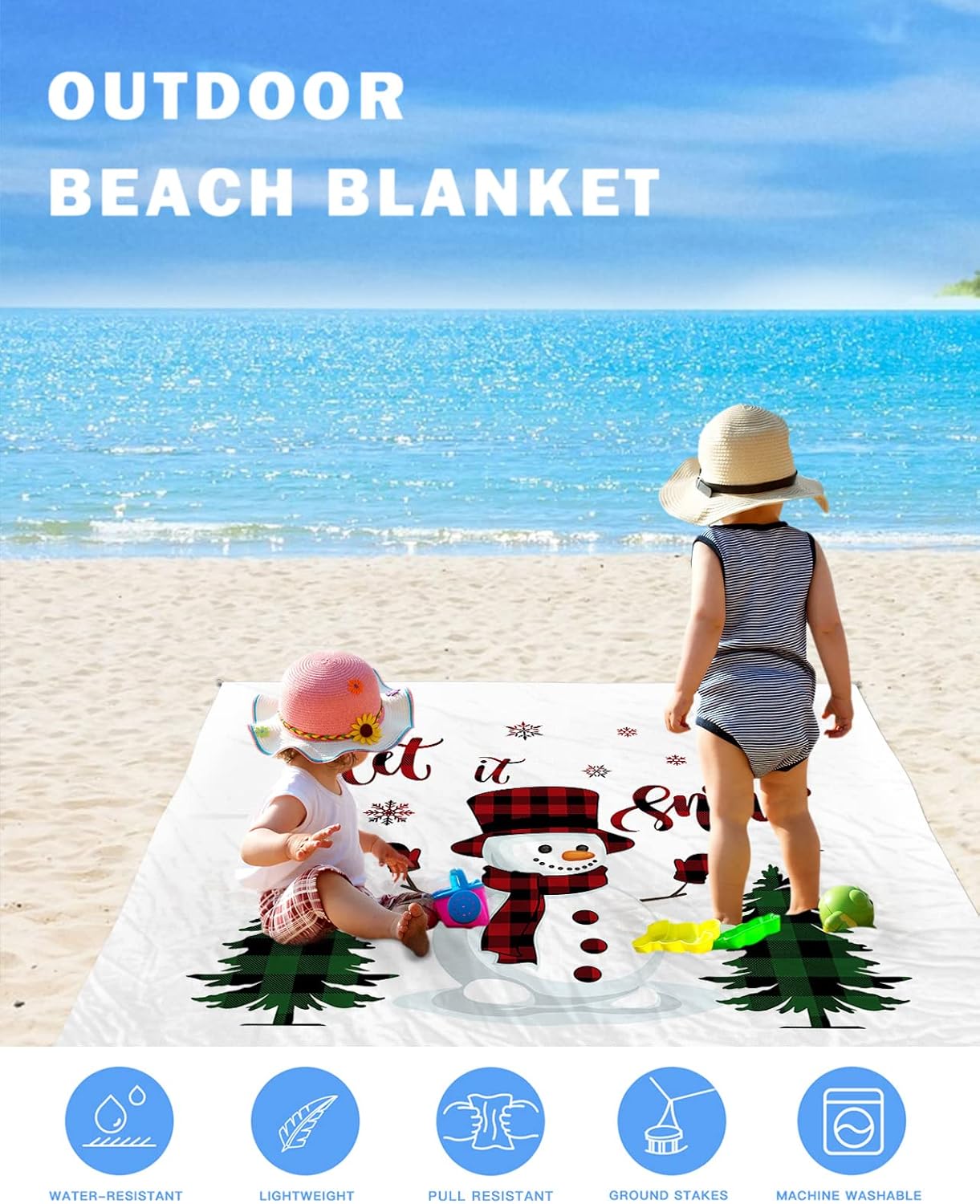 Winter Snowman Christmas Pine Tree Beach Blanket Waterproof Sandproof Outdoor Picnic Mat 95"x80" Buffalo Texts on White Lightweight Large Beaach Blankets with 4 Stake & 4 Corner Pockets