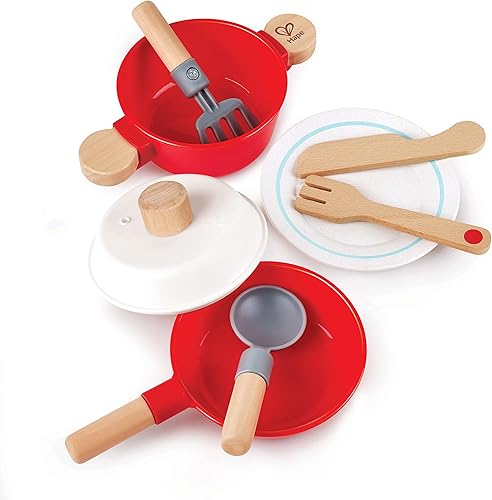 Hape Little Chef - Juego de cocina y servir, 8 piezas, rojo y blanco, juego de juguetes de cocina de madera, olla y sartén, utensilios de cocina y