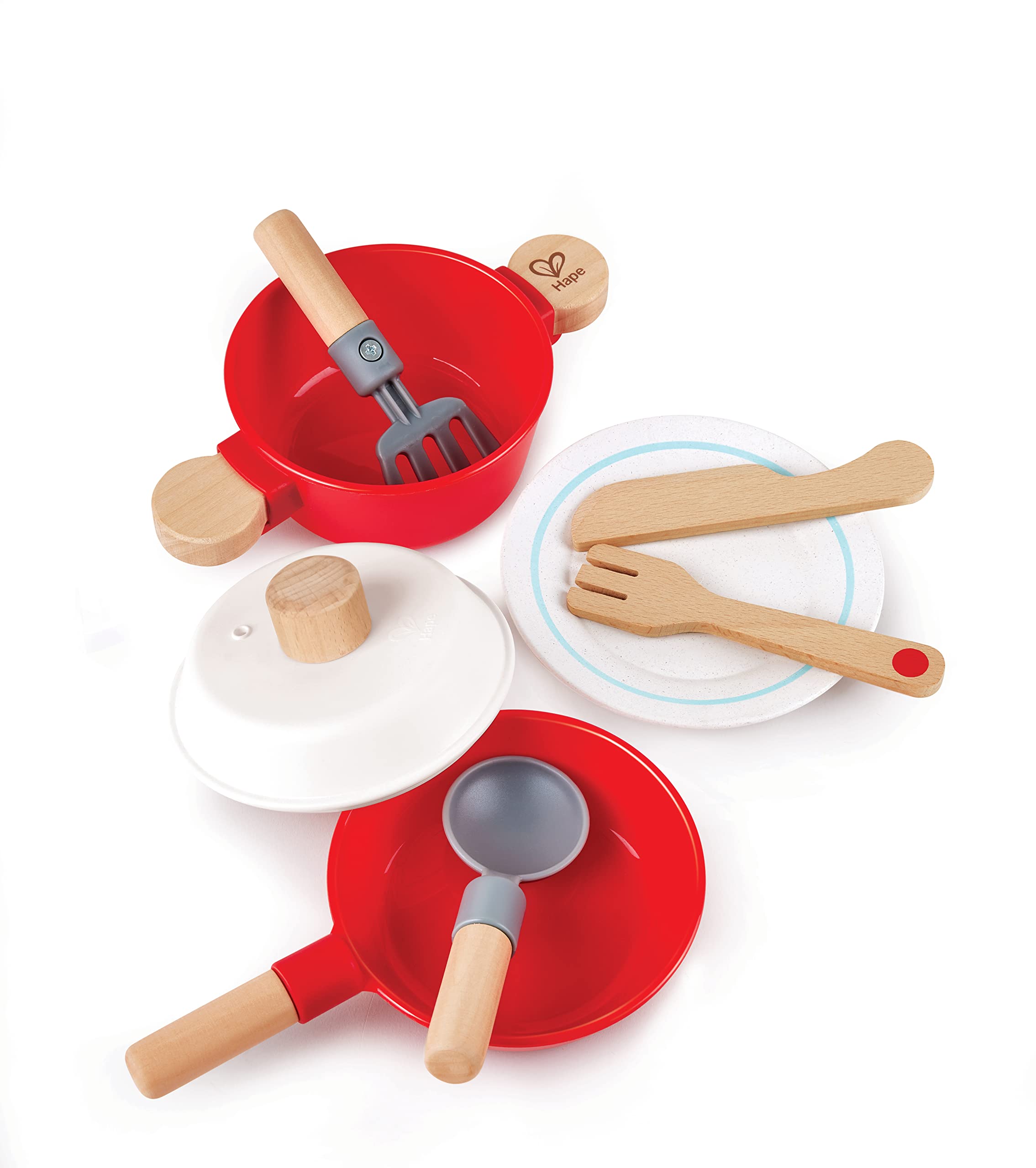 Hape Little Chef Cook & Serve Set, Red Wooden Kitchen Playset | Complete Cooking Set for Toddlers, Includes Pot, Pan, Spoon, Fork, Plate | Safe & Durable | Ages 3+ | Promotes Imagination & Skills