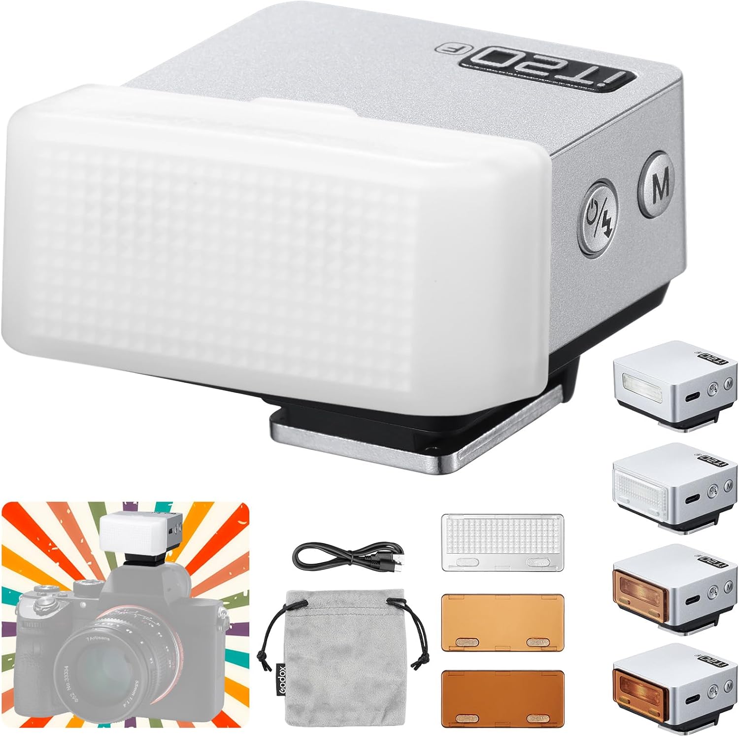 Godox iT20-F Silver Compact Camera Flash - Upgraded from iM20 with TTL Function & Magnetic Accessories, 45g Lightweight, 700+ Flashes, 1.5s Recycling, USB-C Charging, Compatible with FujiFilm Cameras