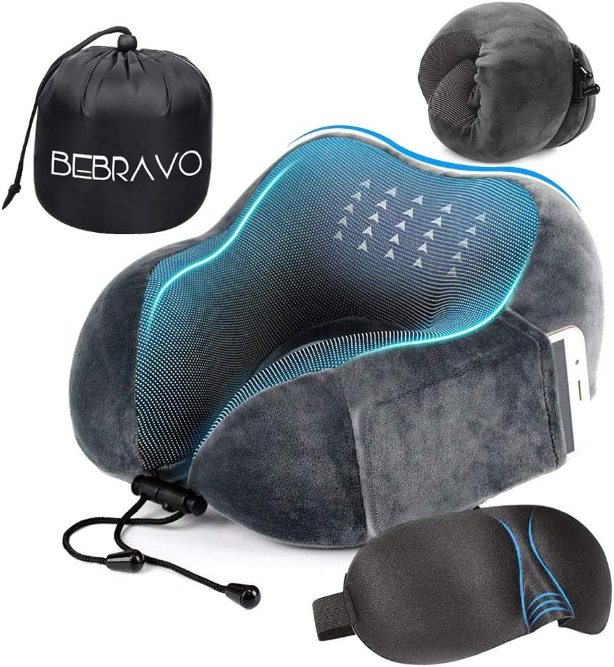 BeBravo Neck Pillow, Airplane, Memory Foam, U-Shaped Pillow, For Travel, Portable Pillow, Nap Pillow, Compact, Breathable, Lightweight, 3D Eye Mask, Storage Bag Included, Gray