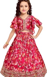 Girls Floral Lehenga Choli Set, Butterfly Print, Flutter Sleeves with Sequin Border Party Wear girls Dress