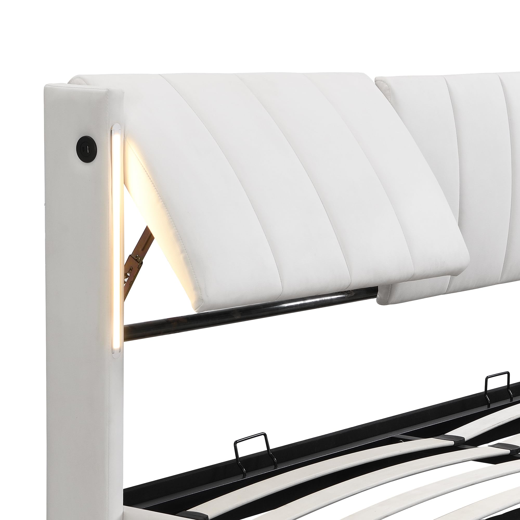 Azkoeesy Letto matrimoniale imbottito 180 x 200 cm con contenitore, con luce notturna a LED e USB, con testiera Ruotabile, con rete a doghe, PU, ​​Bianco