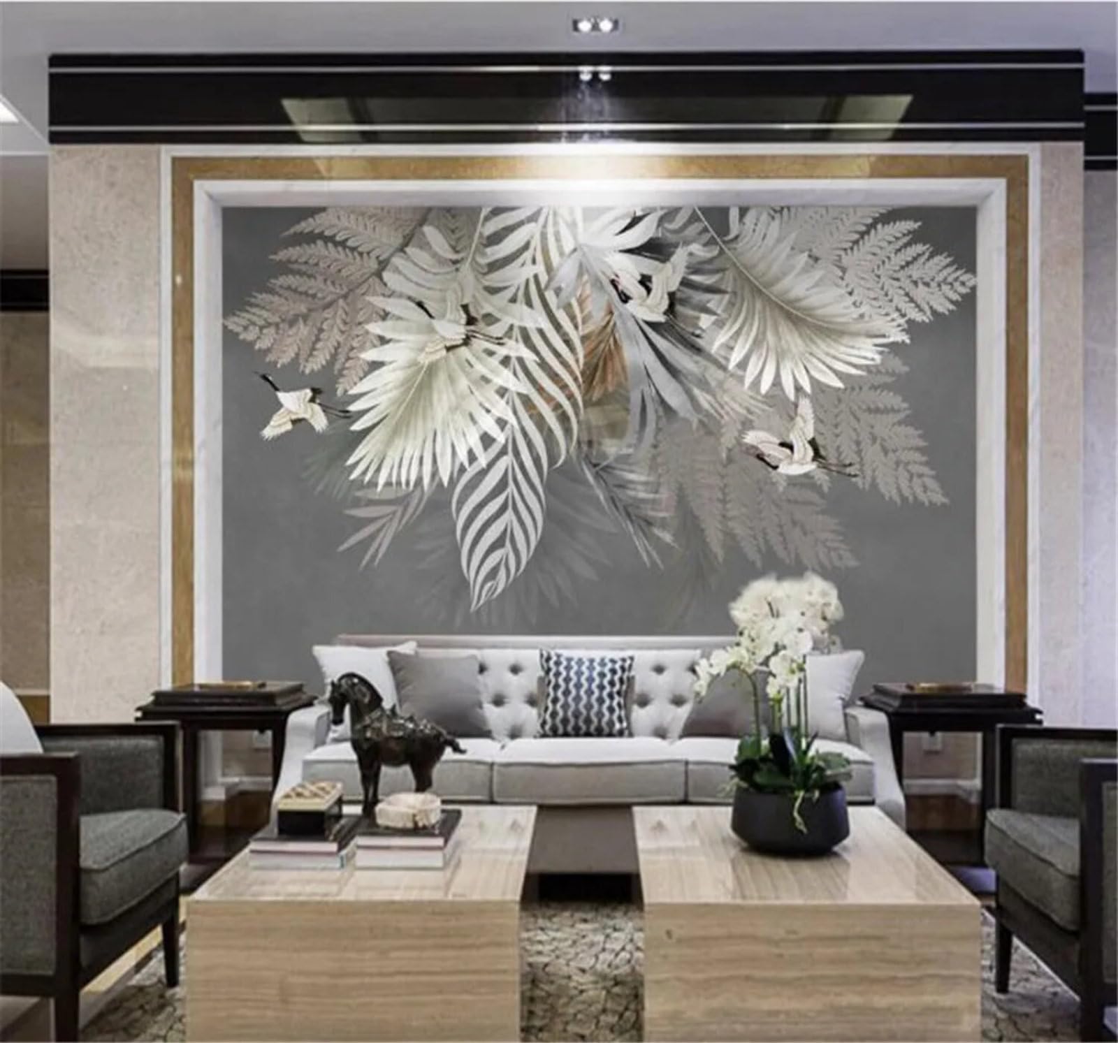 Tzxztt Hand Drawn Plants Leaves Birds Art Modern 3D Wallpaper Premium Textured Silk Neutral Tones Material Ideal for Living Room Bedroom-350cm×256cm