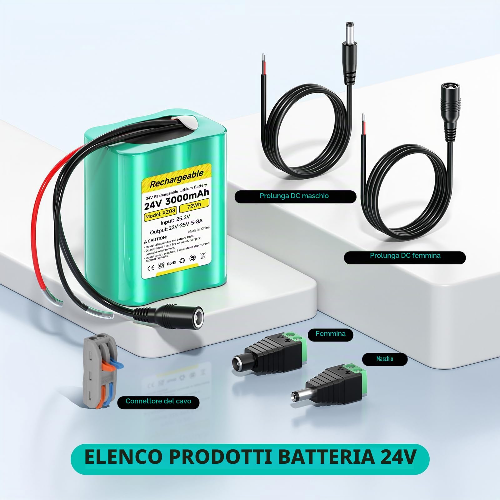 Batteria 24V Batteria litio 3000mAh, con caricabatterie, adattatore e cavo collegamento, per striscia LED 24V, pannello solare, DIY Lampada, Barca Giocattolo