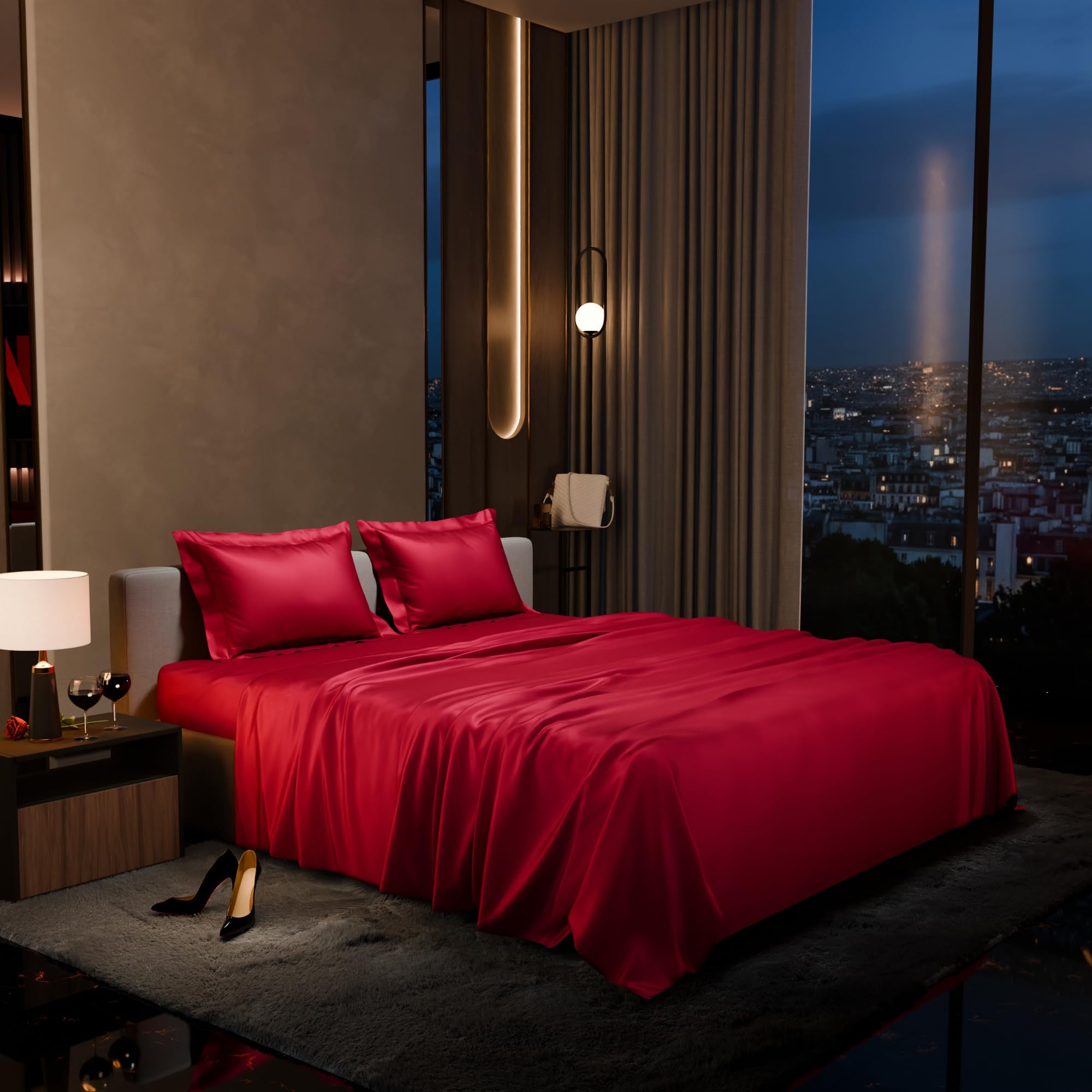 Stoa Paris Satin Bedsheet King Size with 2 Pillow Covers, 300TC Premium Bedsheets King Size, Home Decor, Ultimate Comfort, 274 cm x 228 cm, Date Night - Flirty Red