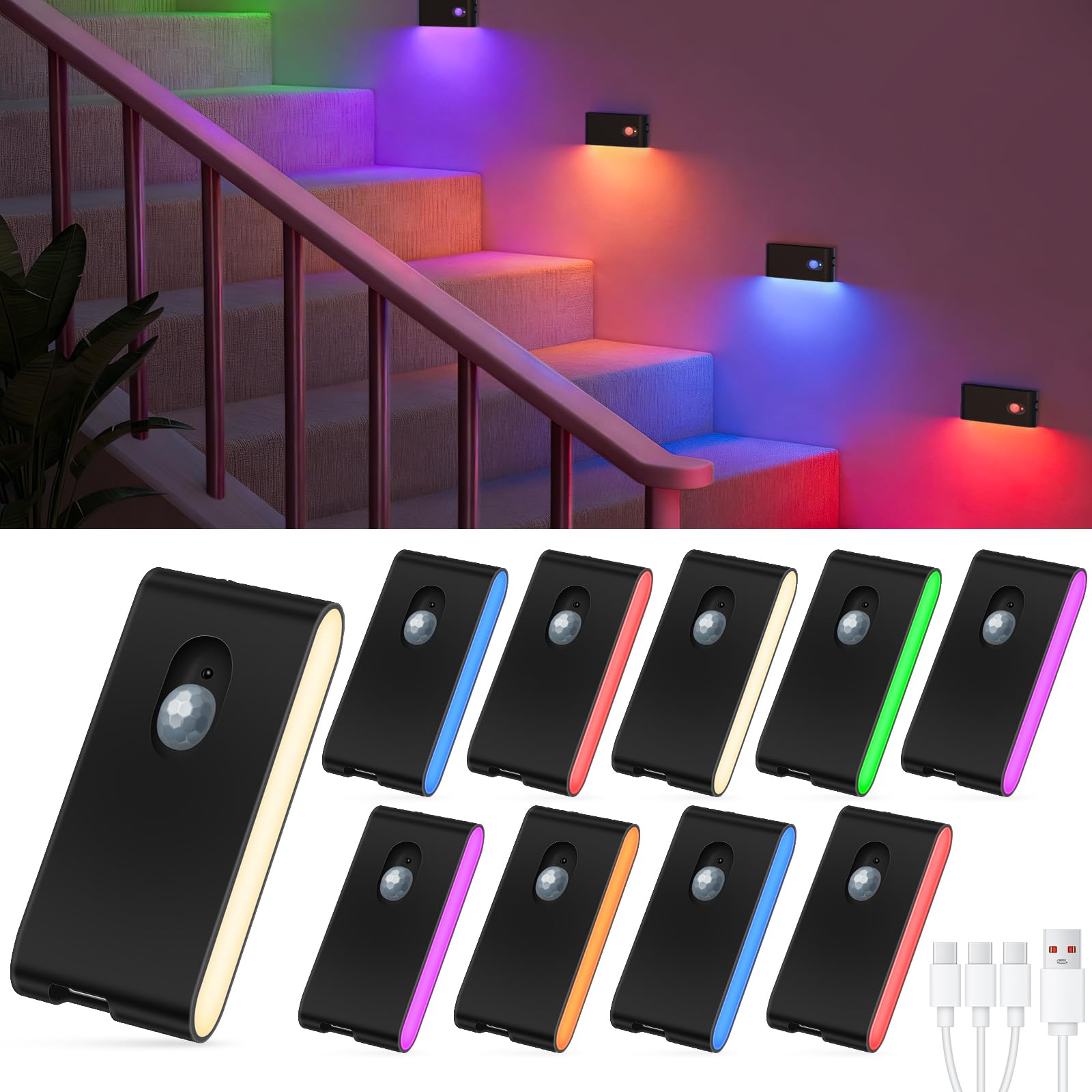 WILLED Nachtlicht Mit Bewegungsmelder, LED Treppenlicht mit Bewegungsmelder RGB & Warmweiß, 10 Stück Treppenbeleuchtung, Bewegungsmelder Licht für Treppe, Schlafzimmer, Flur, Küche, Badezimmer