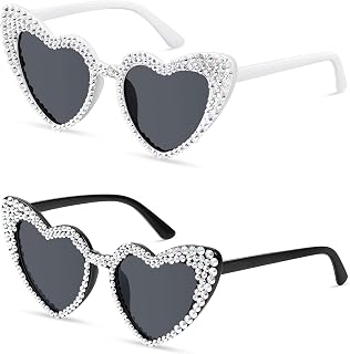 Kanayu 2 Pairs Heart Sunglasses Shiny Rhinestone Sunglasses Bride and Groom Glasses for Bachelorette Party Wedding Honeymoon