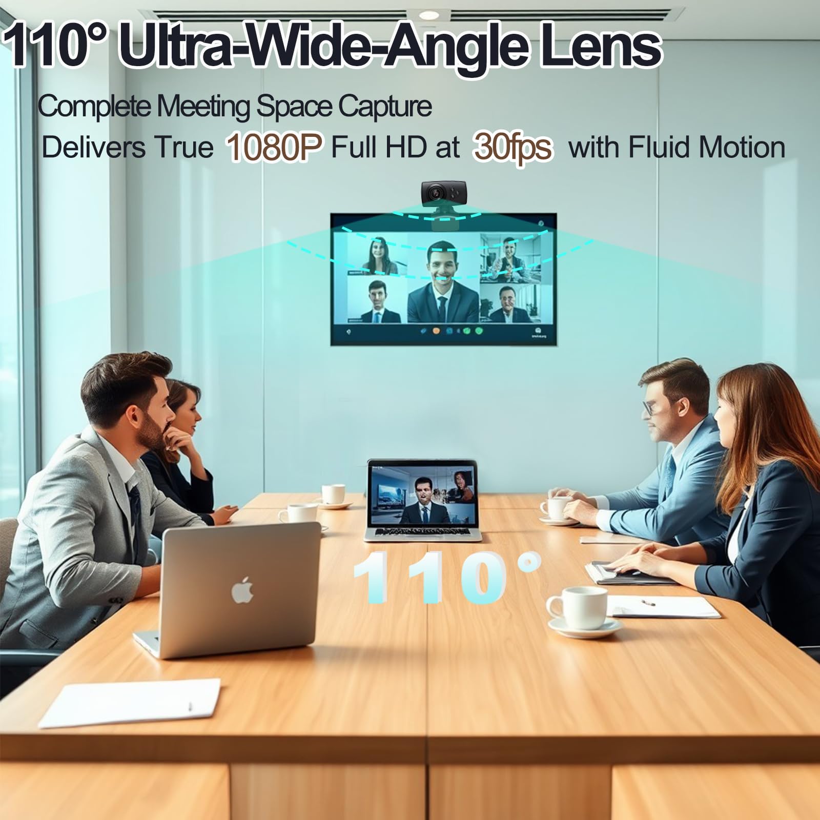 Webcam Full HD 1080p con microfono a cancellazione del rumore e correzione automatica della luce, grandangolo 110, fotocamera USB Plug & Play per laptop/desktop/Mac/Zoom/Skype/Teams