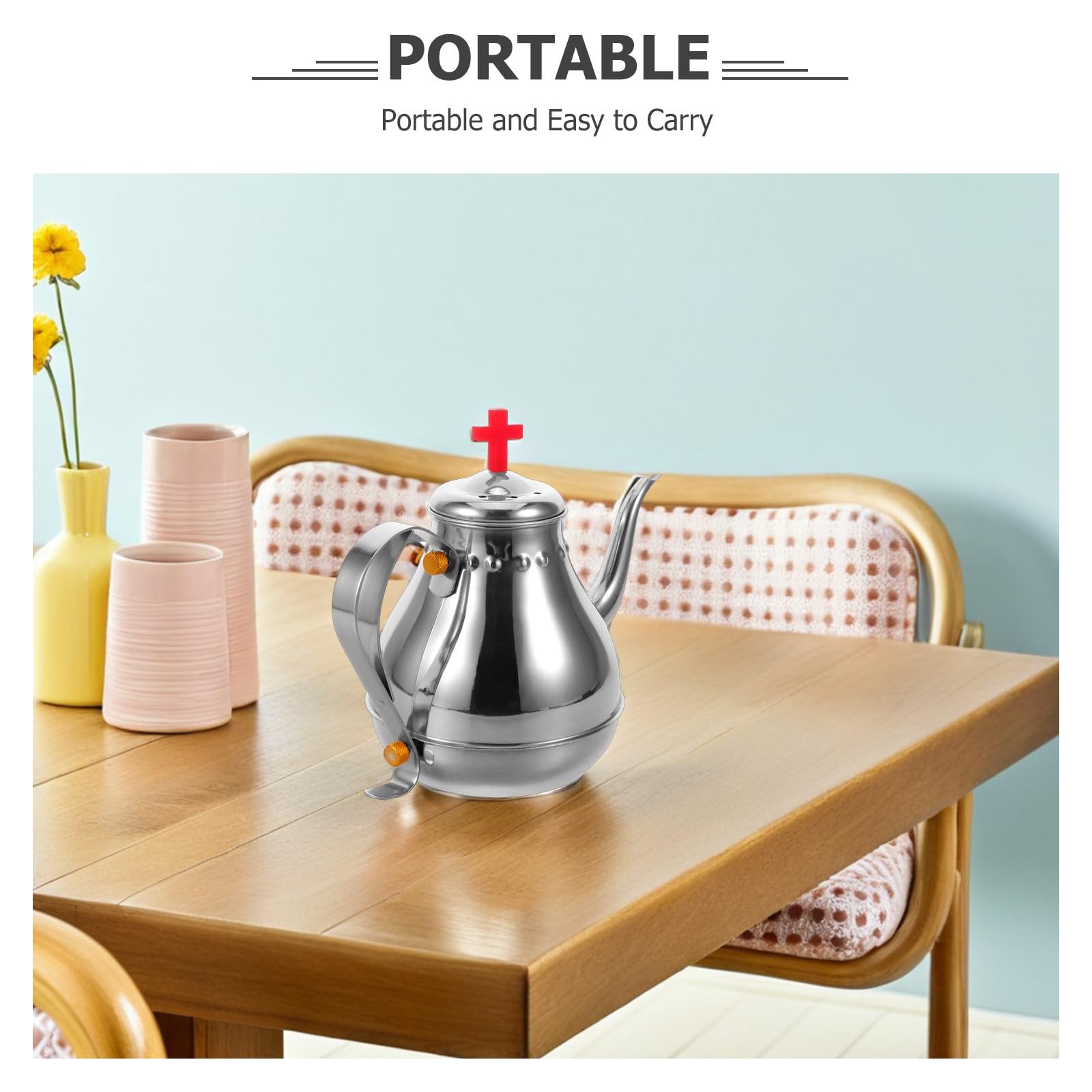 Tetera de Acero Inoxidable de 1.2l Tapa Roja y Diseño Vintage Elegante, Adecuado para Reuniones Religiosas y Uso en Restaurantes Construcción Resistente y Bordes Redondeados
