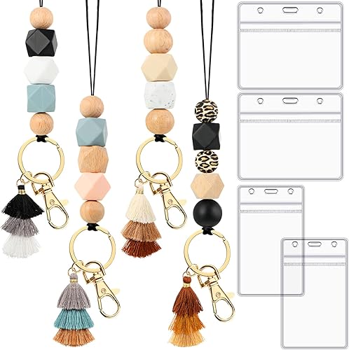 4 cordones para profesores para tarjetas de identificación y llaves, lindo cordón de silicona con cuentas con 4 soportes para tarjetas para mujeres,