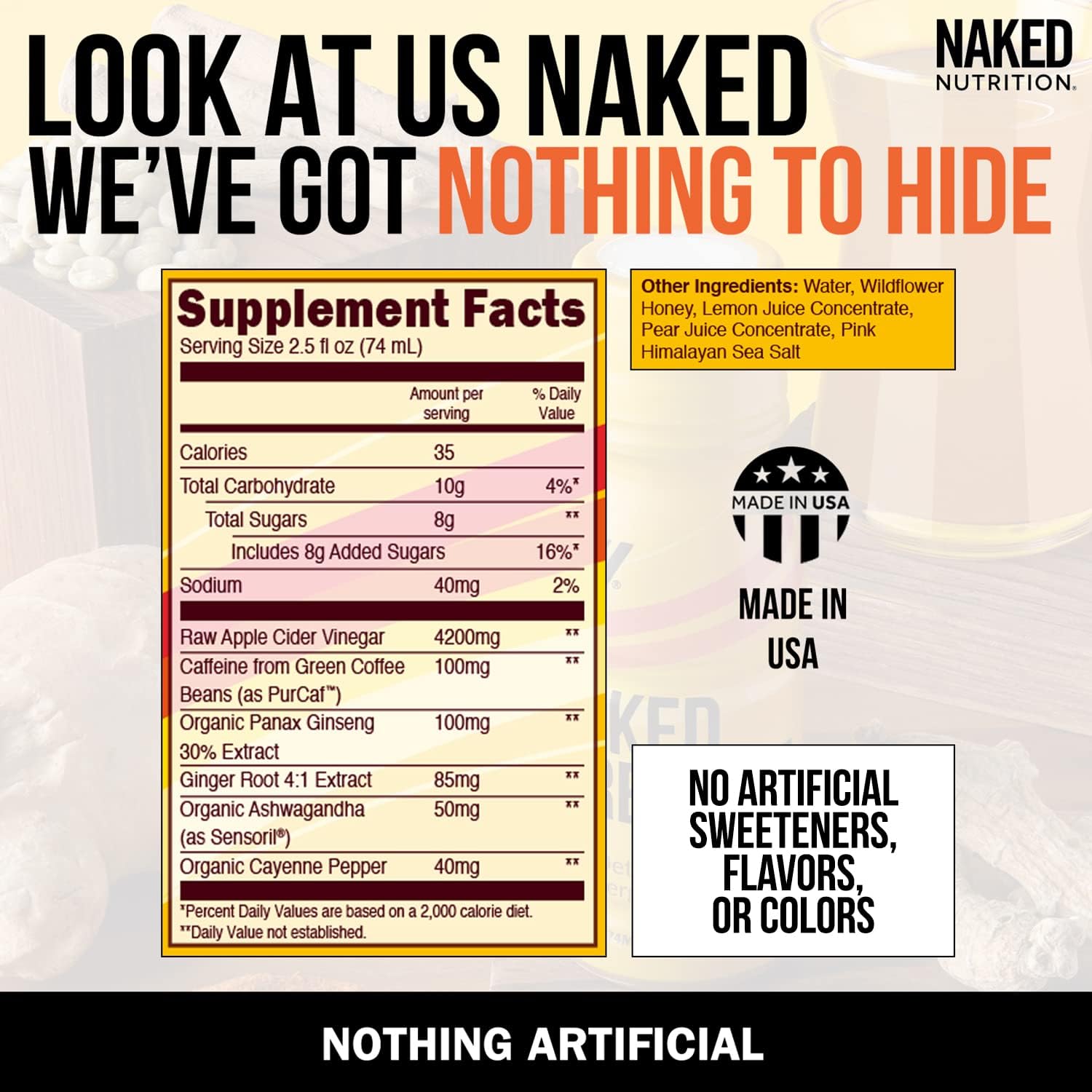 Naked Fire Shot - Natural Energy Ginger Shots, Raw Apple Cider Vinegar, Organic Ginseng & Ashwagandha, Detox, Wellness Energy Shot - 2.5oz