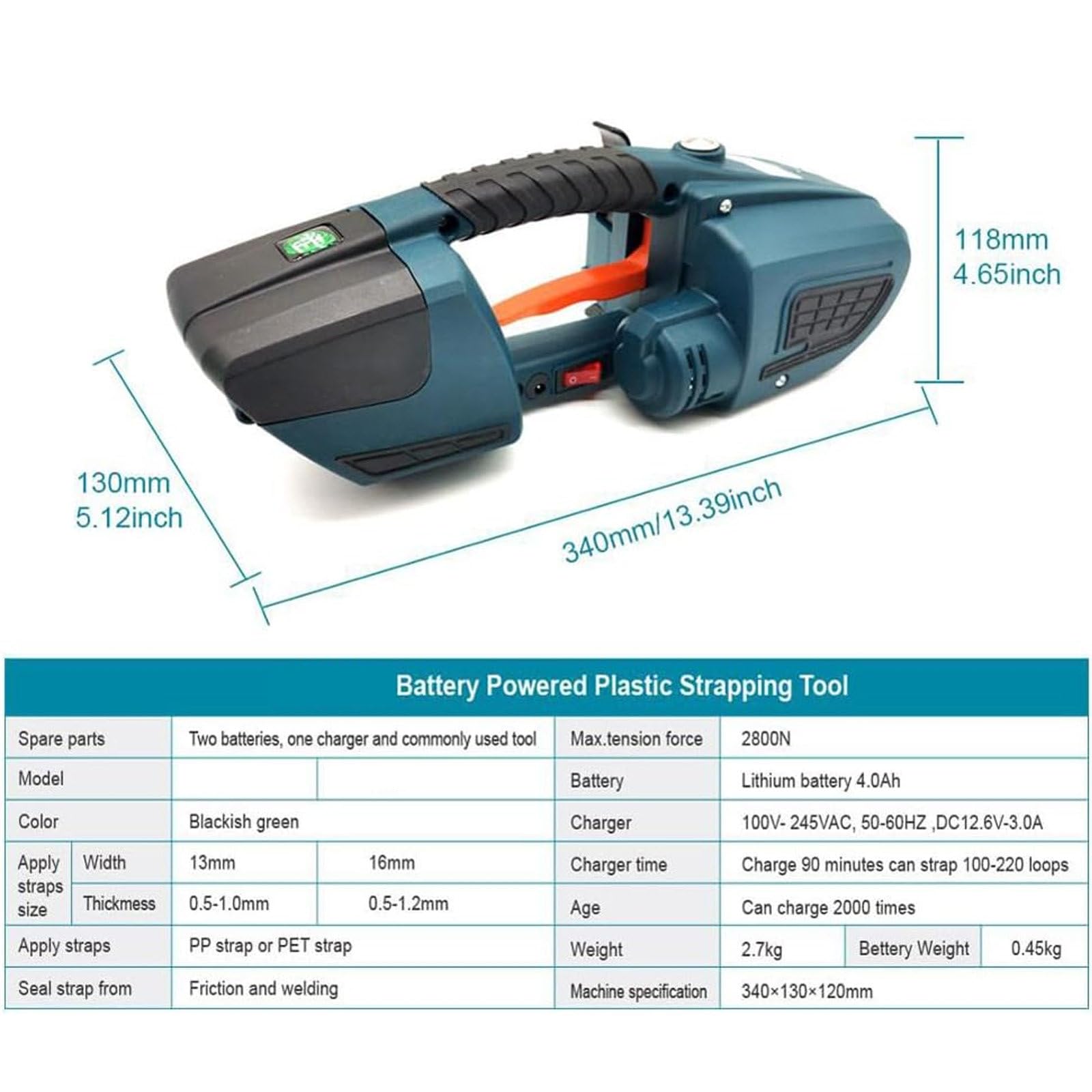 Cercleuse électrique alimentée par Batterie 4000mAh pour Sangles PP/Pet 1/2-5/8in - Cercleuse Automatique pour palettes en Carton, Emballage - Temps de soudage Seulement 2-5S, 2*Batterie