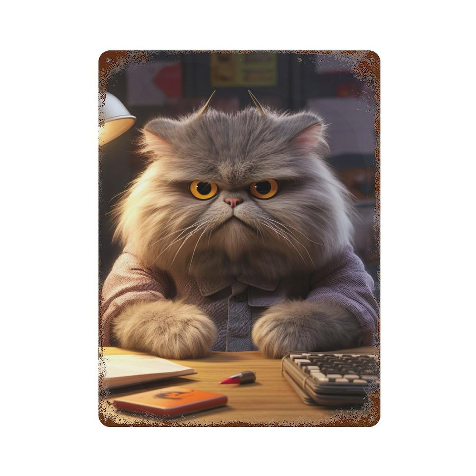 Angry Fluffy Cat Studying Retro Metal Sign 15.7"x11.8", Ideal for Cafe, Home Bar And Lounge Decor