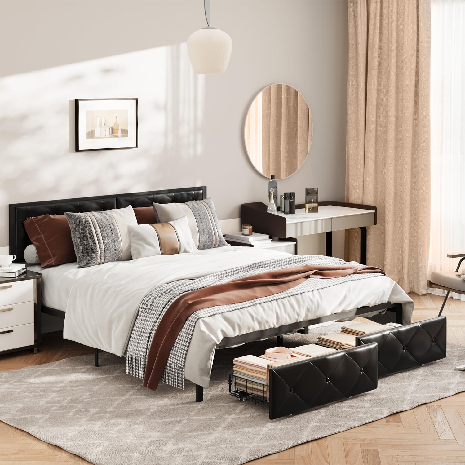 Marco de Cama Matrimonio de 180 x 200 cm con Base de Carga y Cabezal Acolchado, Estructura de Cama de Metal con Cesta, Ruedas de Metal, Capacidad de Peso de 300 kg, fácil de Montar