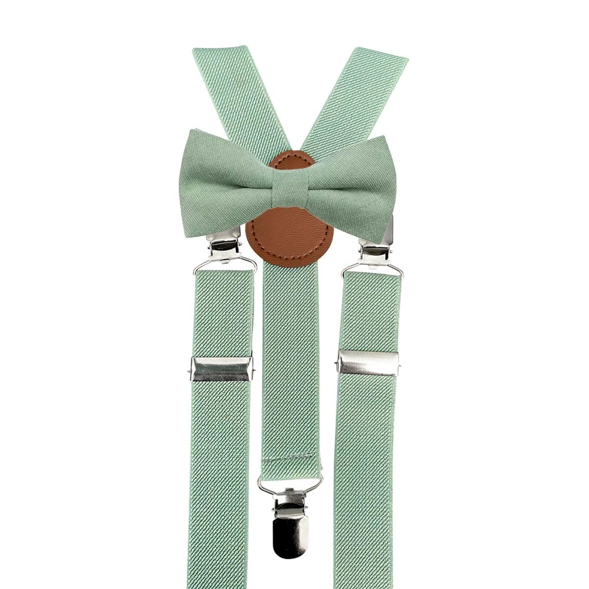 Children's Kids Boys Cotton Blend Pre-Tied and Elasticated Bow Tie & Braces Set (Sage Green Bow Tie & Eucalyptus Braces) - suitable for formalwear, weddings, parties, pageboy outfits
